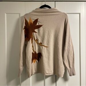 Aaeda Leaf Embroidered Funnel Neck MockNeck Sweater Artsy Earthy Size Large